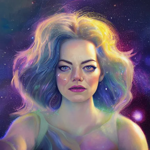 Image similar to cosmic lion portrait of emma stone, hyper detailed, digital art, trending in artstation, cinematic lighting, studio quality, smooth render, unreal engine 5 rendered, octane rendered, art style by klimt and nixeu and ian sprigger and wlop and krenz cushart.