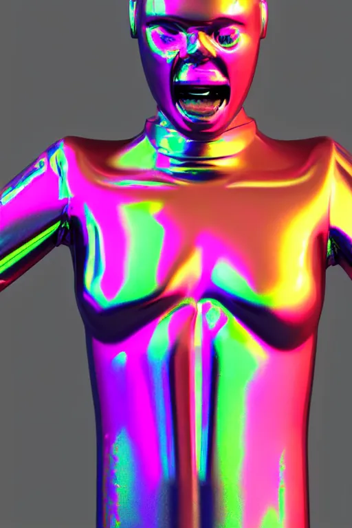Image similar to 3d render of holographic angry human robotic screaming angry bust made of glossy iridescent, screaming, bust, surrealistic 3d illustration of a human non-binary, non binary model, 3d model human, cryengine, made of holographic texture, holographic material, holographic rainbow, concept of cyborg and artificial intelligence