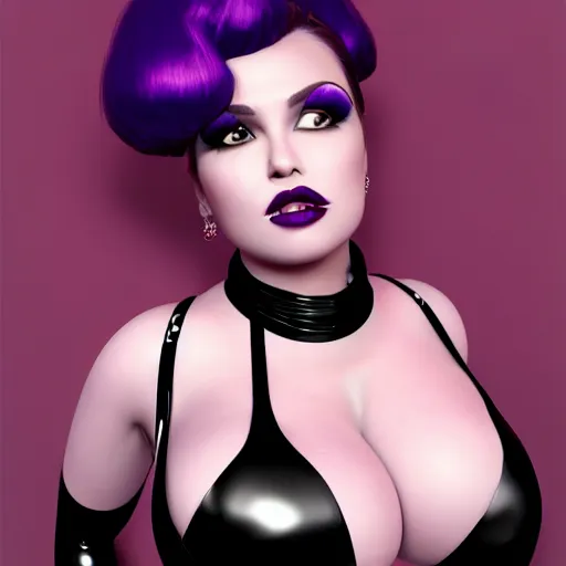 Image similar to curvy feminine hot goth woman with dignified elaborate tight purple-black-silver nylon and latex ballroom gown, black choker necklace, amorous posture, shiny lipstick, photorealistic, cgsociety, sublime, 16k, smooth, sharp focus, ArtStation, hyperdetailed, volumetric lighting