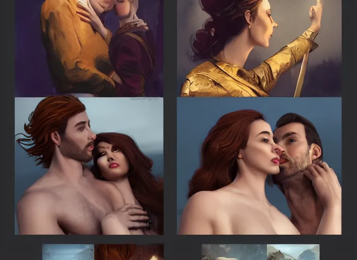 Image similar to man and woman in pose of couple vol 2 photo reference pack for artists, spirit hugs, gold trim, atmoshperic, elegant, sharp focus, huge lips, poses by satine zillah, environment by hw 6 5 2 3, art by ilya ozornin, artstation, intricate details, concept art