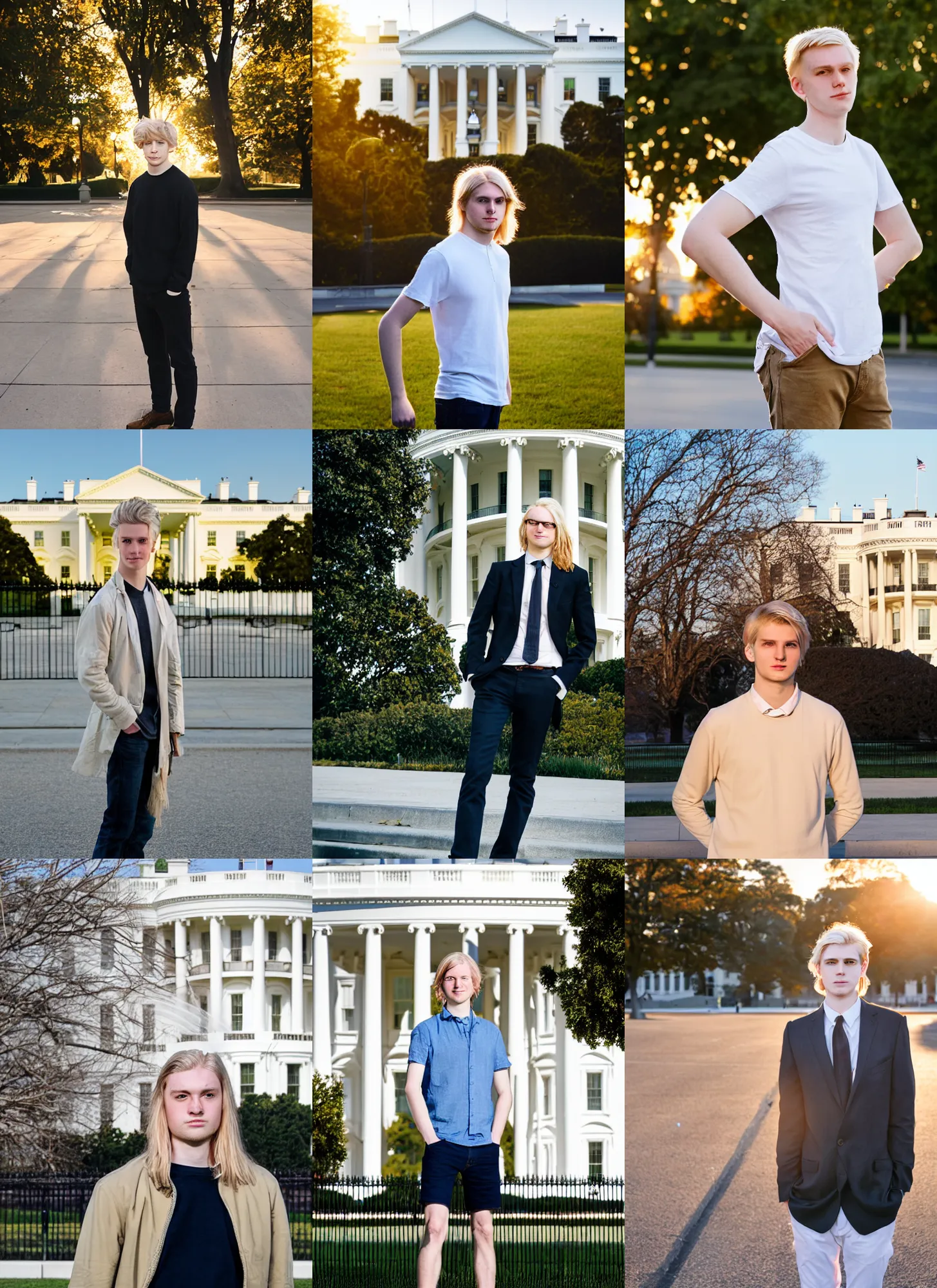 Prompt: a pale young man with long light blond hair in front of the white house, high quality, portrait photography, golden hour