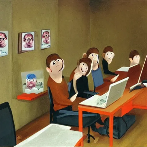 Prompt: 2 5 monkeys using computers, in a well lit office, happy monkey faces, modern paintings on the walls