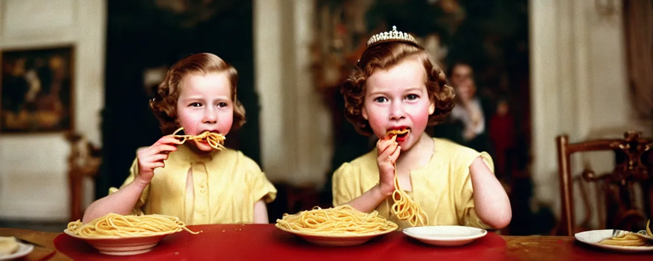 Prompt: a young queen elizabeth waving while eating spaghetti, canon 2 0 mm, shallow depth of field, wes anderson, kodachrome