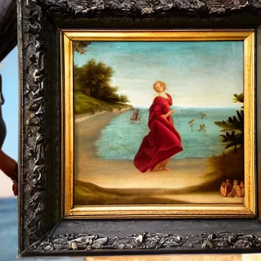 Image similar to princess walking by the beach in the style of a renaissance painting