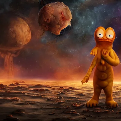 Prompt: eldritch horror bloody garfield in space, hd, 8 k, giant, epic, realistic photo, unreal engine, stars, prophecy, powerful, cinematic lighting, destroyed planet, debris, violent, sinister, ray tracing, dynamic, epic composition, dark, horrific, teeth, grotesque, scary, monochrome drawing