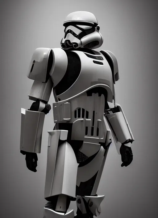 Image similar to a Photorealistic dramatic hyperrealistic render of a futuristic exosuit stylized imperial STORMTROOPER Mech,Ultra realistic details,glossy white metal,weathered surfaces,by Vitaly Bulgarov and Mike Nash,Beautiful dramatic dark moody tones and lighting,cinematic atmosphere,studio lighting,shadows,dark background, Octane render,8K