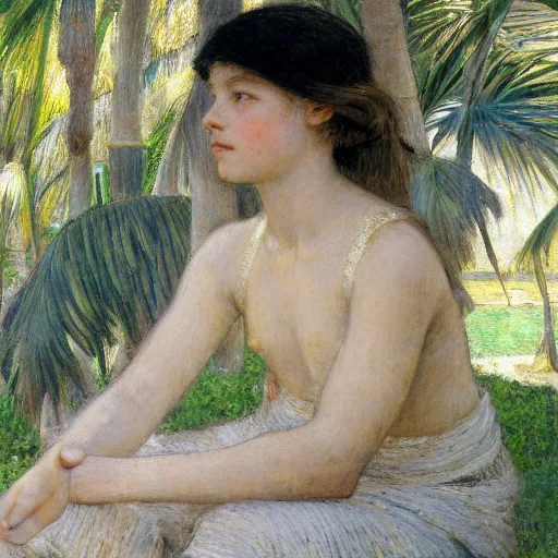 Image similar to a ultradetailed beautiful painting of a girl in the amazonas palace balustrade designed by jules bastien - lepage, hans belmer, frank weston and gustave baumann, beach, trending on artstation, mediterranean, palm trees, detailed face, sharp focus, soft light, 8 k 4 k