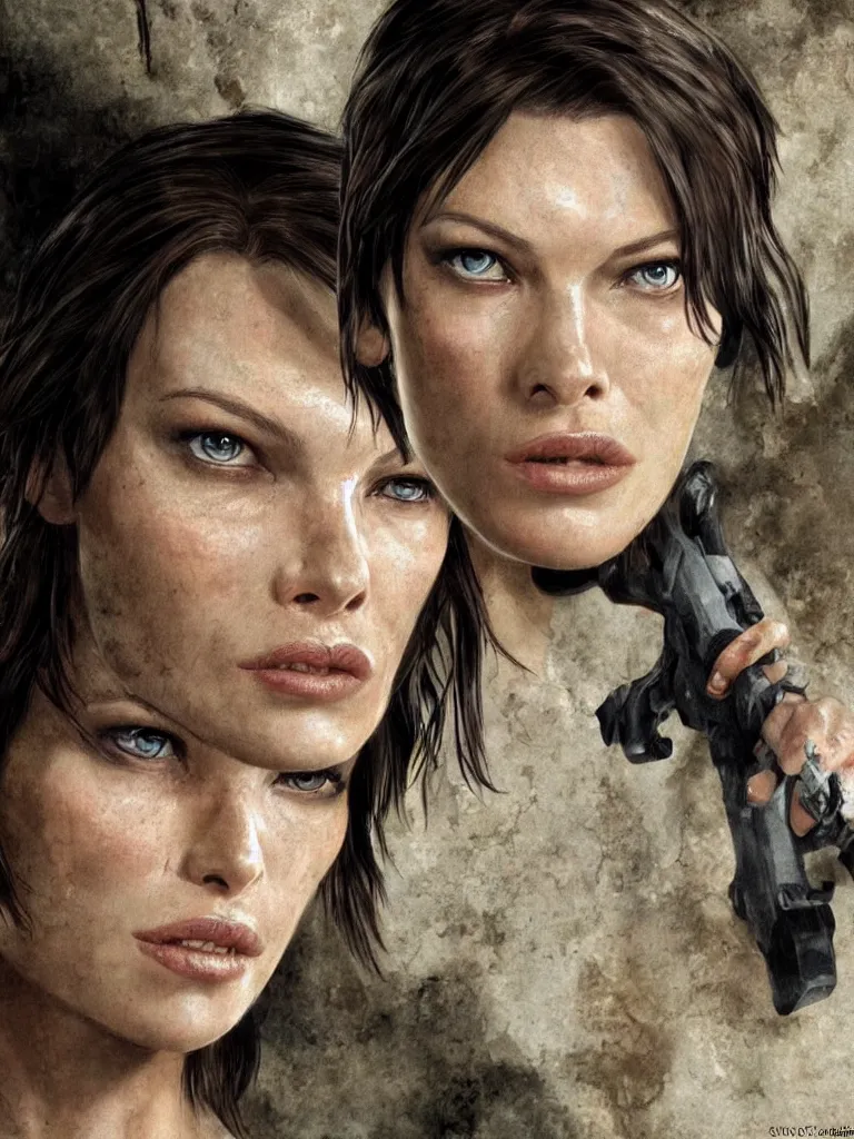 Image similar to close up potrait of Mila Jovovich face as tomb raider