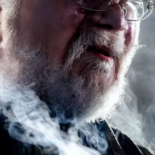 Image similar to george r r martin is inhaling smoke from cersei lannisters mouth, it is like a soul is leaving her mouth into his mouth, dramatic lighting, close up