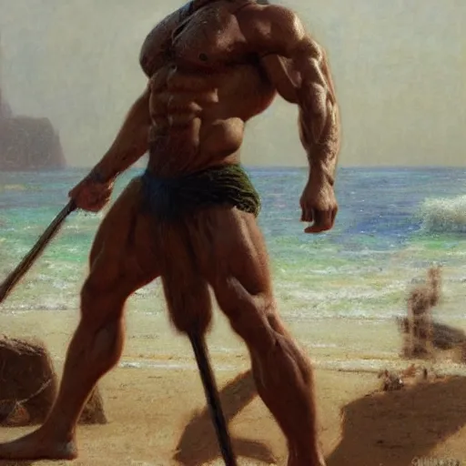 Prompt: handsome portrait of a spartan guy bodybuilder posing, radiant light, caustics, war hero, beach paradise, by gaston bussiere, bayard wu, greg rutkowski, giger, maxim verehin