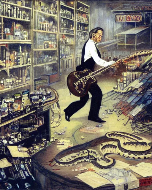 Image similar to Snake Oil salesman shredding on a Gibson Les Paul in a snake oil warehouse, snakes and oil everywhere, painting by Frank Frazetta