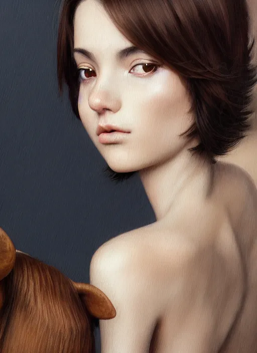 Image similar to photo gorgeous young italian woman, brunette hair, cow looking over shoulder, in the style of stefan kostic, realistic, sharp focus, 8 k high definition, insanely detailed, intricate, elegant, art by david cronenberg and stanley lau and artgerm and yoshitako amano and ryden and kawase hasui, artstation