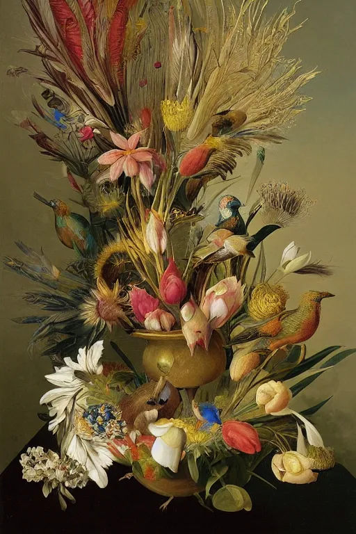 Prompt: painting of paradise birds flowers in a vase on a table, by rachel ruysch, ernst haeckel, audubon, dutch golden age, pop surrealism, biomorphic, made of birds and feathers