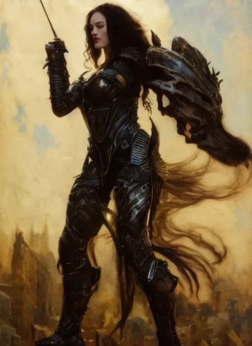 Image similar to muscular kat dennings wearing black armour by gaston bussiere, bayard wu, greg rutkowski, giger, maxim verehin, greg rutkowski, masterpiece, sharp focus, cinematic lightning