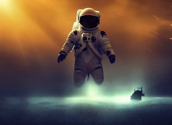 Image similar to astronaut holding a flag in an underwater desert. a submarine is visible in the distance. dark, concept art, cinematic, dramatic, atmospheric, 8 k, trending on artstation, blue, fish, low visibility, light rays, extremely coherent, bubbles, fog, ocean floor, christopher nolan, interstellar