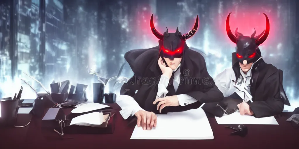 Image similar to dark lord sitting at desk large horns and suit, medium shot, portrait, semi realistic anime, red demon cyberpunk symbols