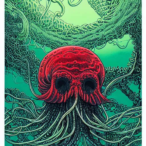 Prompt: a red cthulhu skull in a green sea enveloped by jellyfish tendrils and black seaweed by josan gonzalez and dan mumford, highly detailed, high contrast