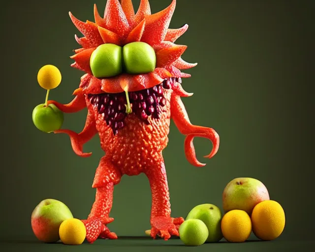 Prompt: a fruit figurine monster made of different fruit, 3 4 5 3 1, walking around in a forest, staring wide open eyes, open mouth, very detailed eyes, trees and flowers, rays of sunlight, oil painting, highly detailed, dramatic lighting, hyperrealistic, 8 k, smooth, intricate, artstation, cgsociety, by artgerm, by wlop