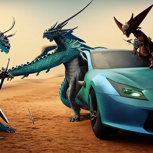 Image similar to blue knight vs dragon, green car in desert, fine art, battle, duel, sword, breathing fire, cgsociety, trending, realistic, fantasy, 4 k, artstation