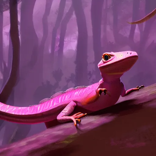 Image similar to concept art painting of an anthropomorphic lizard wearing magenta wizard robes, in the deep forest, realistic, detailed, cel shaded, in the style of makoto shinkai and greg rutkowski and james gurney