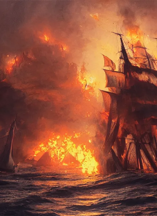 Image similar to painting of a ship burning in heavy flames in the middle of the ocean, a detailed matte painting by vilhelm lundstrøm, cgsociety, neo - romanticism, chillwave, matte drawing, official art