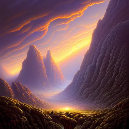 Prompt: of an impossible landscape with a infinite multi dimension portal, a beautiful ultradetailed matte painting a lush mountain range at dusk by tomasz alen kopera and Justin Gerard and Dan Mumford, tarot card, dazzling energy, ultra wide angle shot, high angle shot, intricate, fractal magic, rays of god, hyperdetailed, micro details, volumetric lighting, 8k, ray tracing, polarized lens