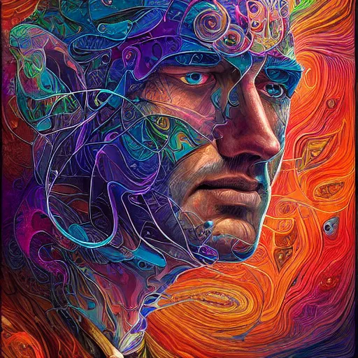 Prompt: a digital painting of a man's face, digital art by android jones and amanda sage, behance contest winner, psychedelic art, biomorphic, rendering in intricate poster art, tarot card lovecraftian, outlined art