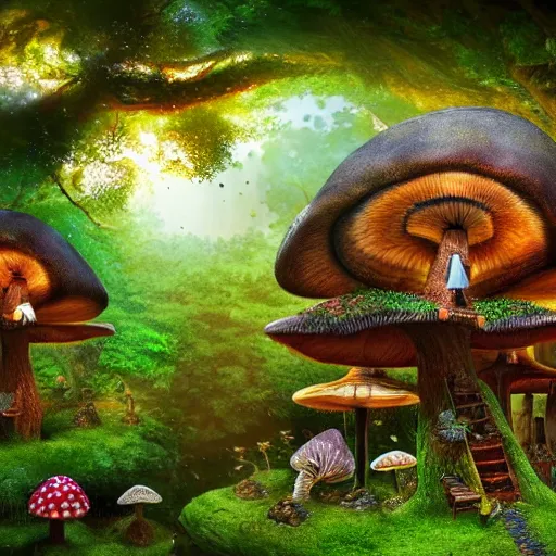 Image similar to Mushroom treehouse village, fairy, magical, mystical, realistic, 4k