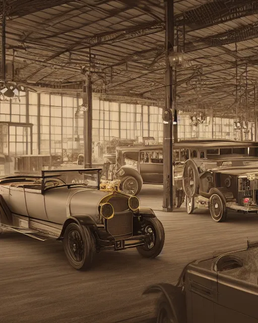 Prompt: interior of historic large factory with luxury cars of 1920s, volumetric lighting, sepia tones, hyper realism, high detail, octane render, high contrast , 8k