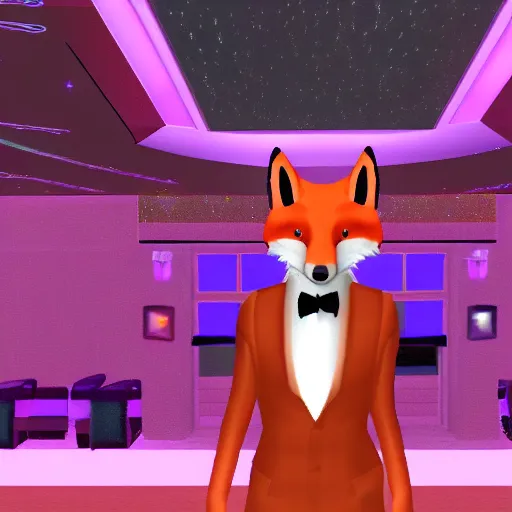 Image similar to Second Life screenshot of a fox in a sparkly pink tuxedo in a GYC night club