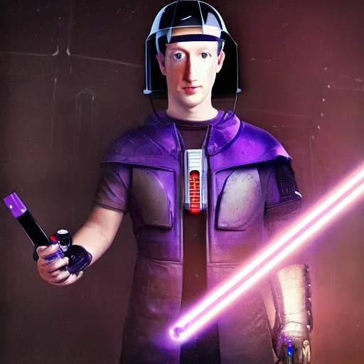 Image similar to Cyberpunk Mark Zuckerberg as a long haired medieval pilot wearing a transparent helmet while holding a purple lightsaber inside a medieval spaceship, by Diego Velázquez