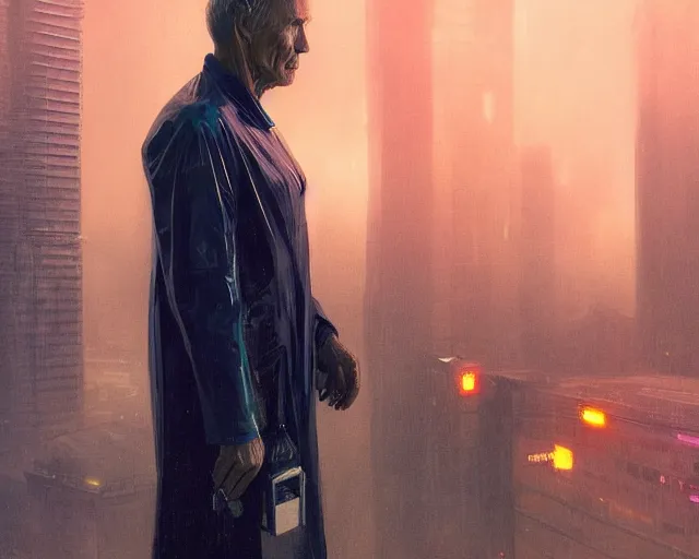 Image similar to 2 0 1 8 blade runner movie still clint eastwood look at the cityscape from roof perfect face fine realistic face pretty face reflective polymer suit tight neon puffy jacket blue futuristic sci - fi elegant by denis villeneuve tom anders zorn hans dragan bibin thoma greg rutkowski ismail inceoglu illustrated sand storm alphonse mucha