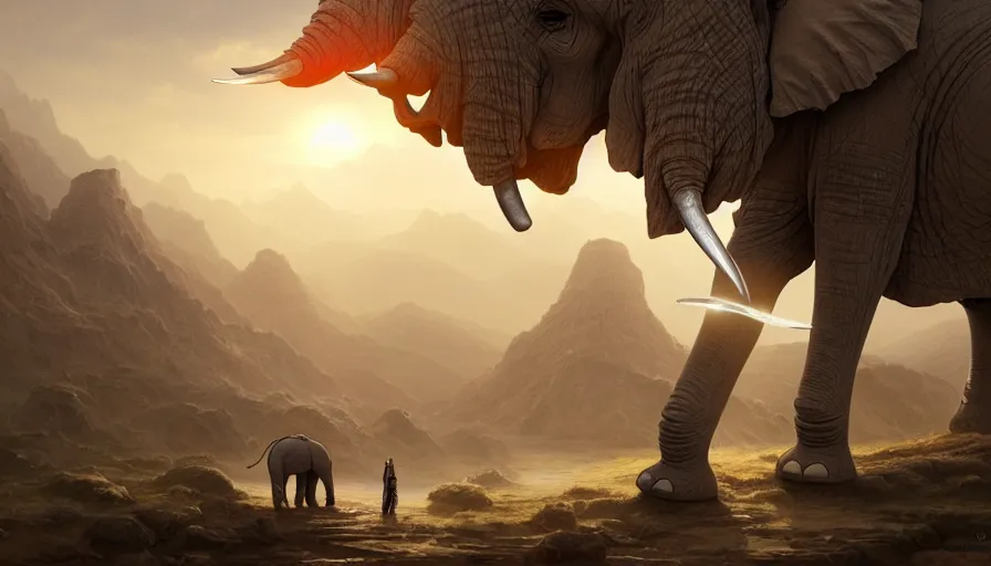 Prompt: a hybrid robot elephant, on socotra island, intricate, elegant action scene, an epic fantasy, artgerm and greg rutkowski and alphonse mucha, an epic fantasy, volumetric light, detailed, establishing shot, an epic fantasy, cinematic, photorealistic, ultrarealistic, trending on art station, octane render