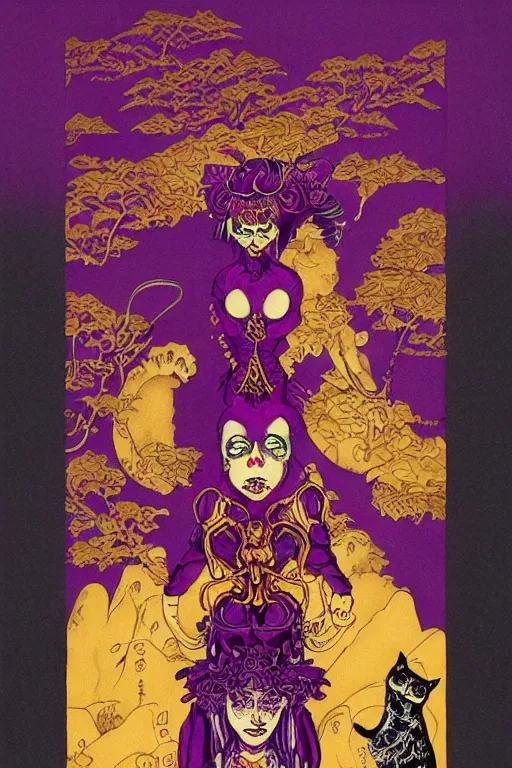 Image similar to dark magenta and purple ink with intricate designs, tarot card, a halloween scarecrow, full of golden layers, black cats, cobwebs, spiders, swirles, curves, wave, by louise nevelson and hokusai and jean giraud and mike mignola and john howe, trending on artstation, elaborate illustration, incredible depth