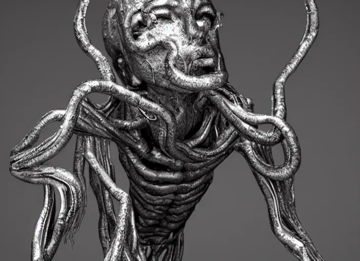 Prompt: stylized shiny polished silver statue full body extra limbs bizarre cosmic horror demonic demon made of marble of slug creature tendrils, perfect symmetrical body, perfect symmetrical face, hyper realistic, hyper detailed, by johannen voss, by michelangelo, octane render, blender, 8 k, displayed in pure white studio room