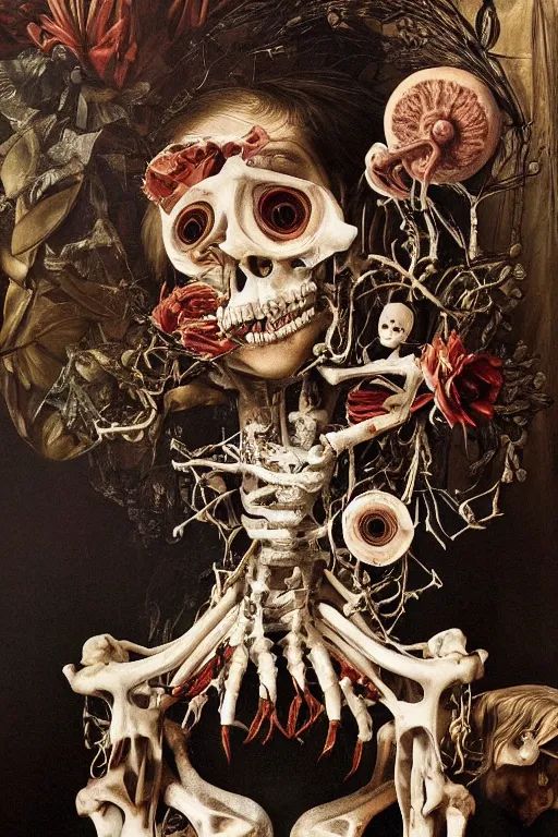 Image similar to Detailed maximalist portrait with large lips and with large, wide eyes, sad expression, extra bones, flesh, HD mixed media, 3D collage, highly detailed and intricate, surreal, illustration in the style of Caravaggio, dark art, baroque