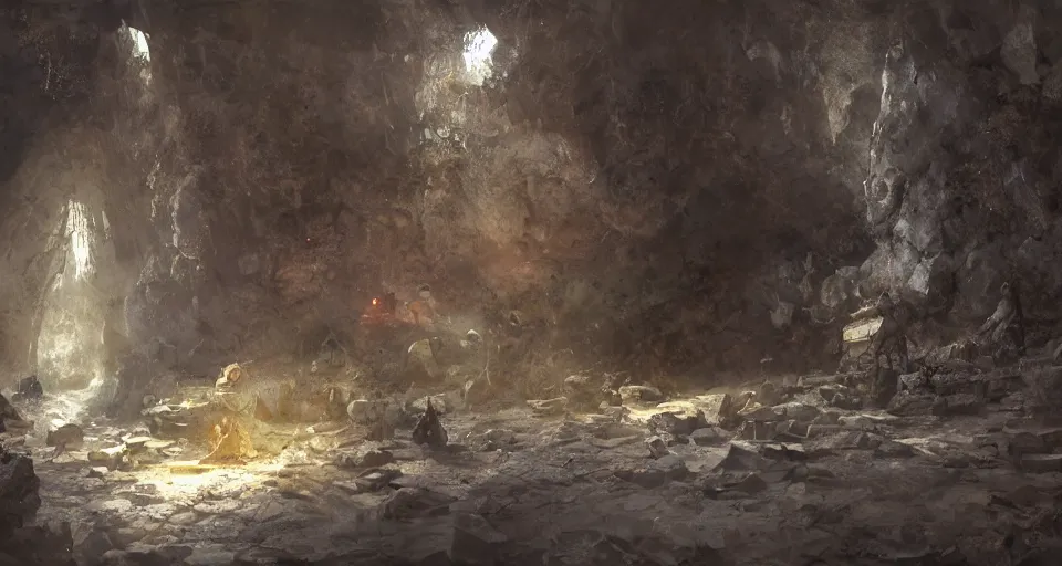 Prompt: craig mullins and ghibli digital art of middle of cave, light, bronze coffin, chain, medium gray, cinematic texture, high color contrast ， unreal engine, hyper realism, realistic shading, cinematic composition, realistic render, octane render, detailed textures, photorealistic, wide shot