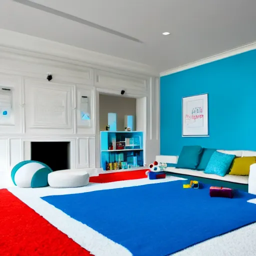 Prompt: colorful ballpit in the corner of a room with white walls and blue carpet