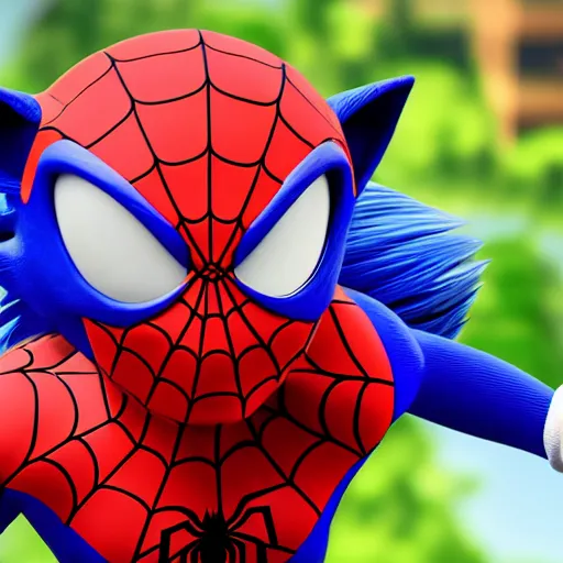 Image similar to A photo realistic image of sonic the hedgehog in a Spiderman costume, HQ, 4k