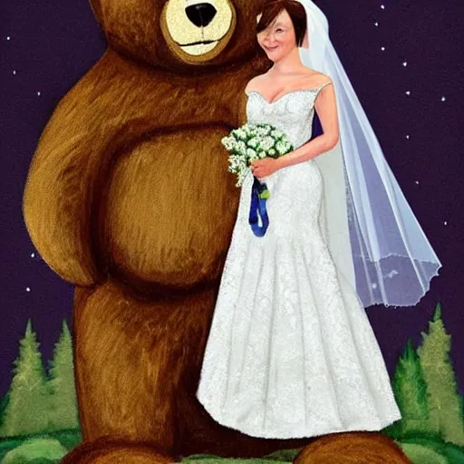 Prompt: Putin in a wedding dress marrying a bear, highly detailed