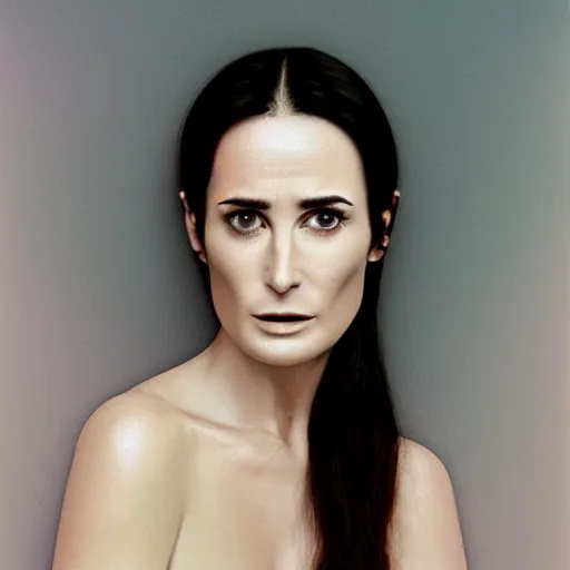 Image similar to realistic expired fuji film portrait of white albino demi moore, hyperrealism, photorealistic, detailed, atmospheric, 8 k, award winning photography, cinematic