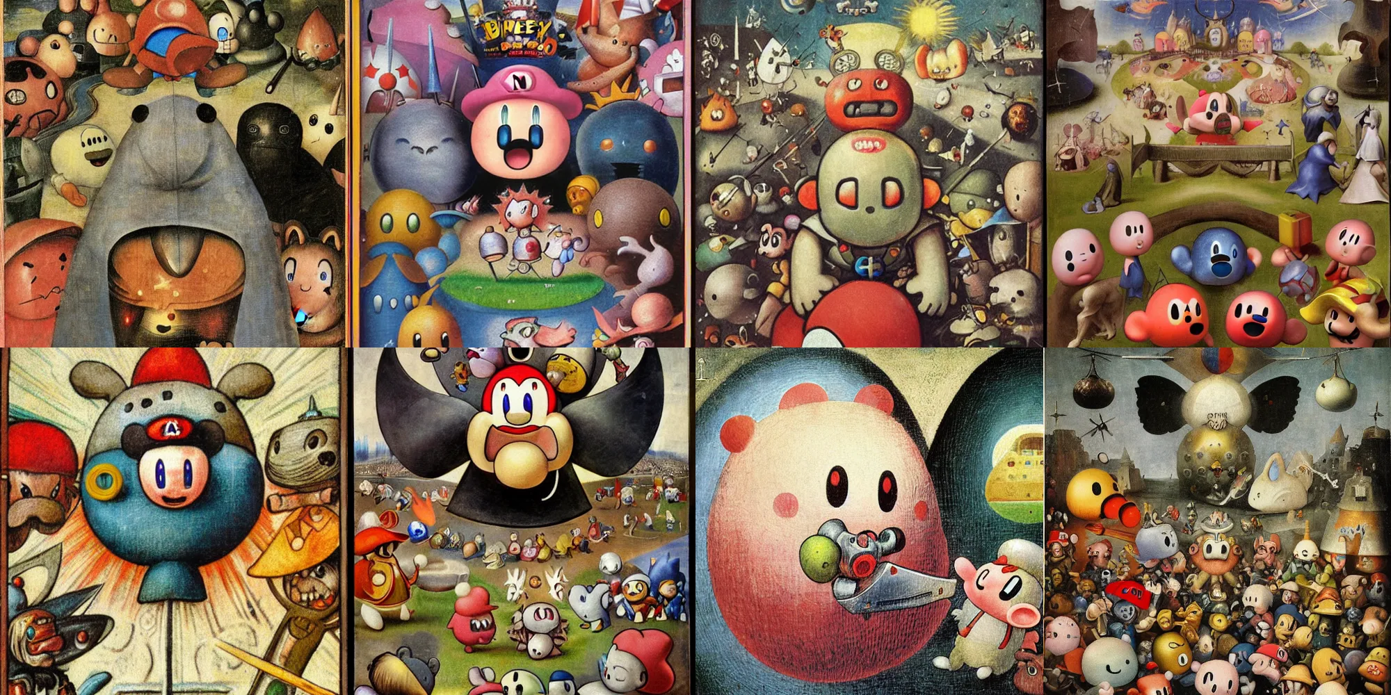 Prompt: hieronymus bosch, kirby, nintendo, video game, cover art