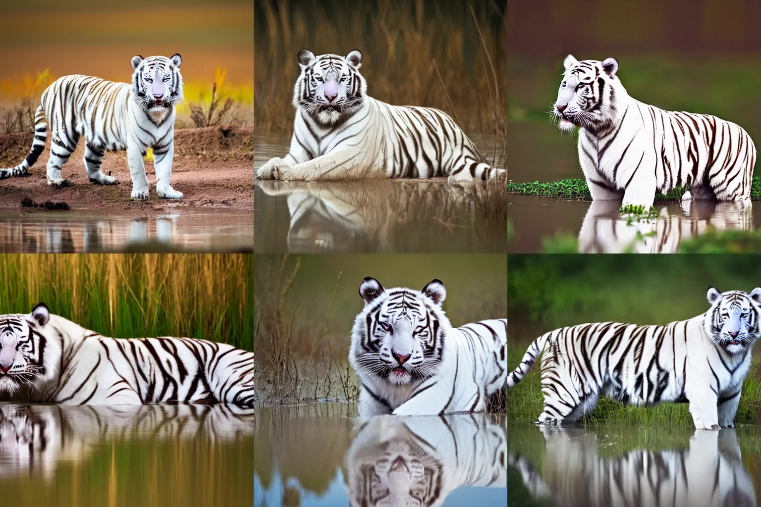 Prompt: photo of a muddy fur white tiger in a swamp in the sunset, documentary photo, 300 mm depth of field bokeh