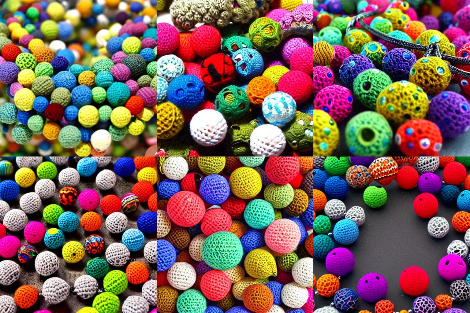 Prompt: A stunning necklace made of separate crocheted balls, mixture of balls of different sizes and colors, vivid colors, close-up, handmade, photography style, extremely detailed