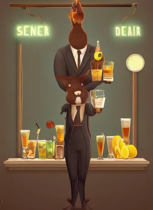 Prompt: squirrel anthro as a dapper bartender with a big, fluffy tail, retro futurism, art deco, detailed, painterly digital art by WLOP and Cory Loftis and John La Farge, 🐿🍸🍋, furaffinity, trending on artstation