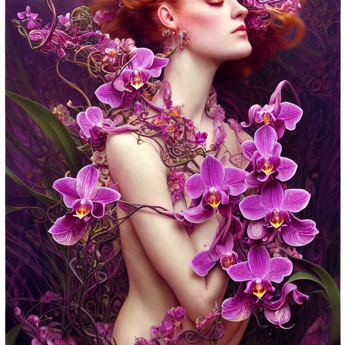 Image similar to psychedelic creature made of orchids, diffuse lighting, fantasy, intricate, elegant, highly detailed, lifelike, photorealistic, digital painting, artstation, illustration, concept art, smooth, sharp focus, art by John Collier and Albert Aublet and Krenz Cushart and Artem Demura and Alphonse Mucha