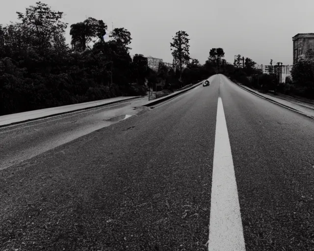 Prompt: a road leading to a small black silhouette of city