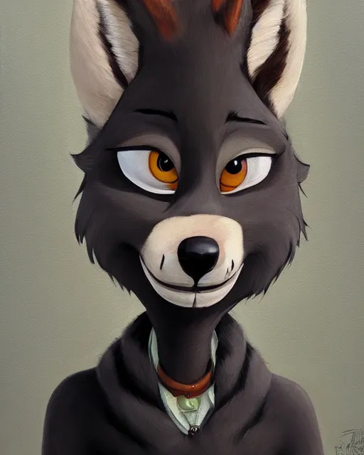 Image similar to oil painting of anthromorphic female wolf, in style of cory loftis, female fursona, furry, furaffinity, 4 k, deviantart, furry art, fursona art, wearing black business suit, business suit, in style of zootopia, wolf fursona, cyberpunk, female, very expressive detailed feminine face,