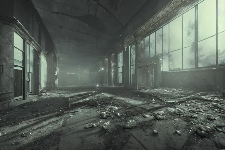 Prompt: a first person shooter game trailer on a abandoned victorian shopping mall, cinematic lightning, ray tracing, unreal engine 5, photorealistic, first person point of view, fps game concept art, detailed, dark, moody, foggy