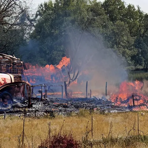 Prompt: in a dried out field, out of a rusted washing-machine comes big flames and thick smoke